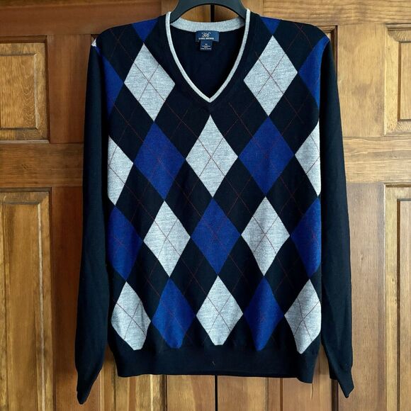 Brooks Brothers 346 Sweater Men's Size XL Merino Wool Argyle Blue Black Gray - Picture 1 of 9